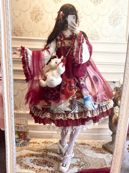 Classic Lolita OP Dress Red Long Sleeve Bows Polyester Lolita Jumper Skirt Cloak Set