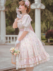 Classic Lolita OP Dress Square Neck Short Sleeves Polyester Pink Lolita One Piece Dresses