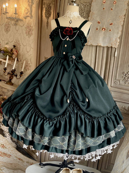 Classical Lolita JSK Dress Ink Green Ruffles Bows Sleeveless Polyester Lolita Jumper Skirt