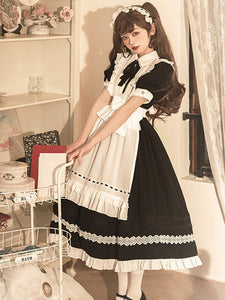Classical Lolita OP Dress 2-Piece Set Black Dress White Apron Ruffles Bows Color Block Bow Maid Dress