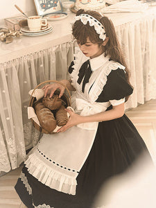 Classical Lolita OP Dress 2-Piece Set Black Dress White Apron Ruffles Bows Color Block Bow Maid Dress