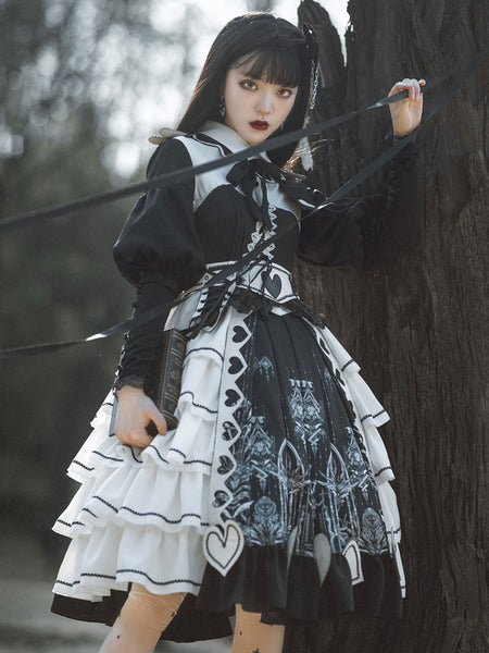Classical Lolita OP Dress Black Lace Bows Criss-Cross Long Sleeve Lace Up Lolita One Piece Dress