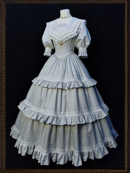 Classical Lolita OP Dress Blue Gray Lace Ruffles Short Sleeves Lolita One Piece Dress