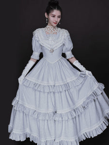 Classical Lolita OP Dress Blue Gray Lace Ruffles Short Sleeves Lolita One Piece Dress