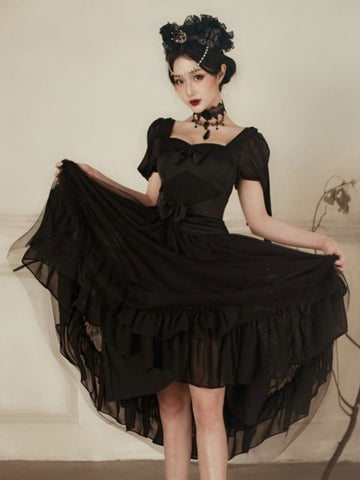 Classical Lolita OP Dress Ruffles Black Floral Print Pattern Short Sleeves Lolita One Piece Dresses