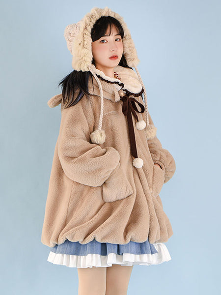 Coffee Brown Lolita Coat Pom Poms Color Block Overcoat Polyester Fall Sweet Lolita Outwears