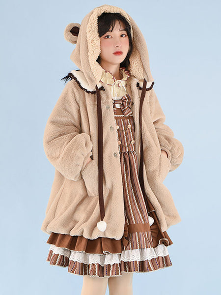 Coffee Brown Lolita Coat Pom Poms Color Block Overcoat Polyester Fall Sweet Lolita Outwears