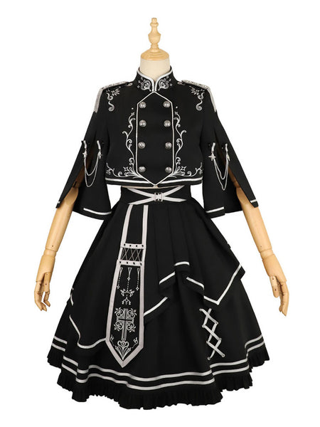 Costumes Military Uniform Lolita Army Checkerboard Pattern Crochet Black
