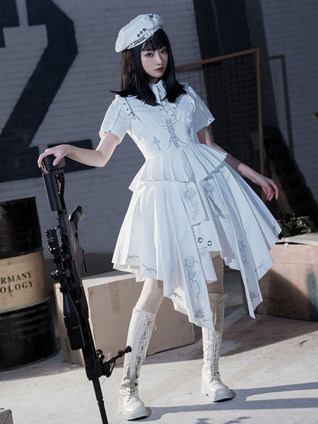 Costumes Military Uniform Lolita Army Lace Up Side Draping White White