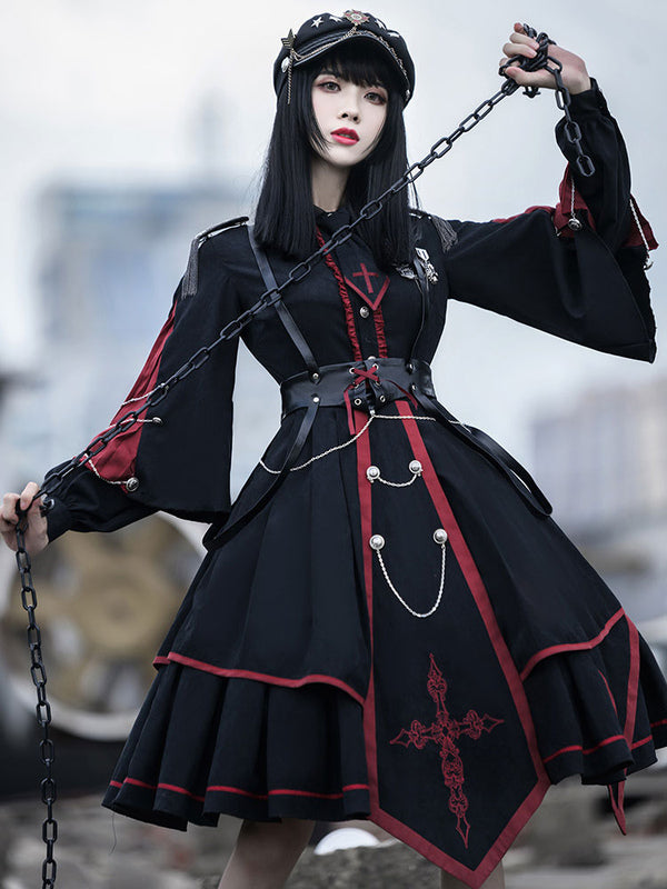 Customize Gothic Lolita OP Dress Chains Black Long Sleeves Polyester Lolita One Piece Dresses