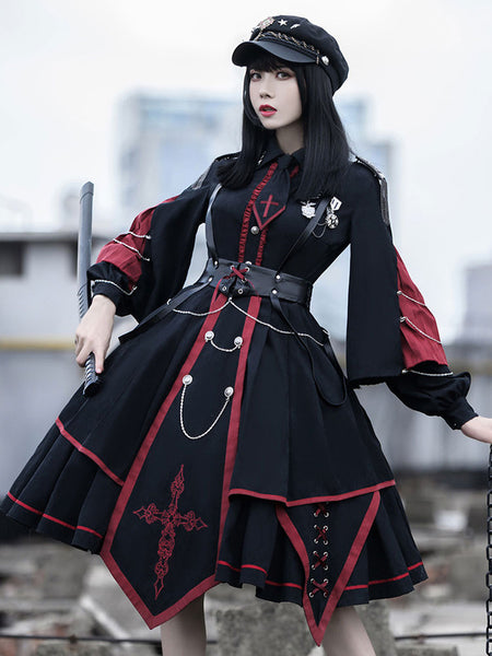 Customize Gothic Lolita OP Dress Chains Black Long Sleeves Polyester Lolita One Piece Dresses