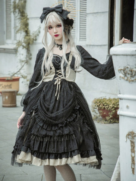 Customized Gothic Lolita OP Dress Seven Deadly Sins Greed Black Cascading Ruffles Bows Lolita Neverland Floral Print Gothic Lolita One Piece Dresses