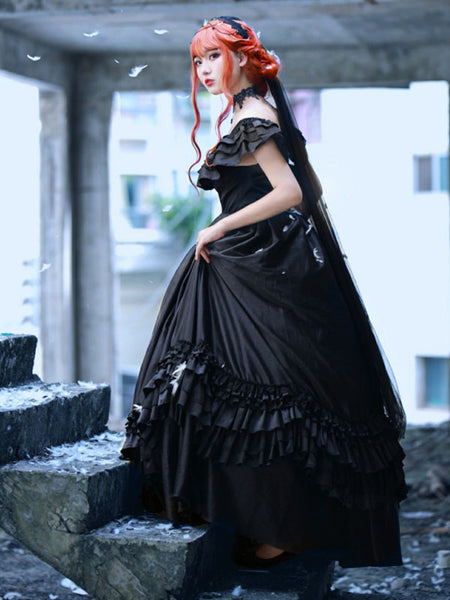 Customized Punk Gothic Lolita OP Long Dress Neverland Ruffles Black Floral Print Short Sleeves Polyester Lolita One Piece Dresses