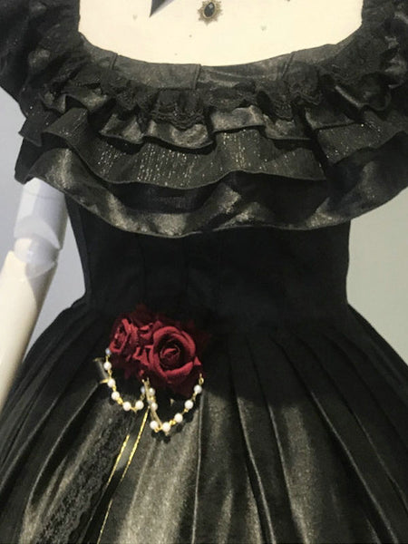 Customized Punk Gothic Lolita OP Long Dress Neverland Ruffles Black Floral Print Short Sleeves Polyester Lolita One Piece Dresses