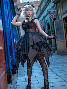 Customized Sweet Gothic Lolita Dress The Seven Deadly Sins Lust Deep Purple Sleeveless Floral Print Cascading Ruffles Polyester Bows Lolita Jumper Skirts