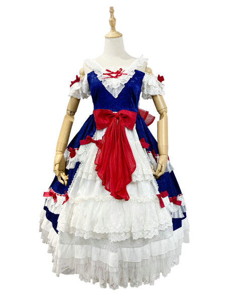 Customized Sweet Lolita OP Dress Neverland Snow White Floral Print White Cascading Ruffles Short Sleeve Polyester Lace Lolita One Piece Dresses