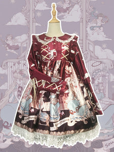 Customized Sweet Lolita OP Dress Red Coral Neverland Floral Print Cascading Ruffles Bows Polyester Long Sleeve Lolita One Piece Dresses