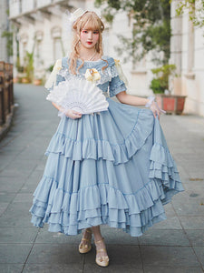 Customized Sweet Lolita OP Long Dress Neverland Floral Print White Cascading Ruffles Short Sleeve Bows Lolita One Piece Dresses