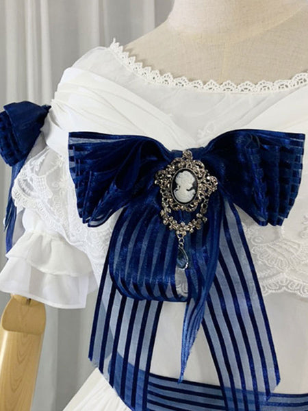 Customized Sweet Lolita OP Long Dress Neverland Floral Print White Cascading Ruffles Short Sleeve Bows Lolita One Piece Dresses