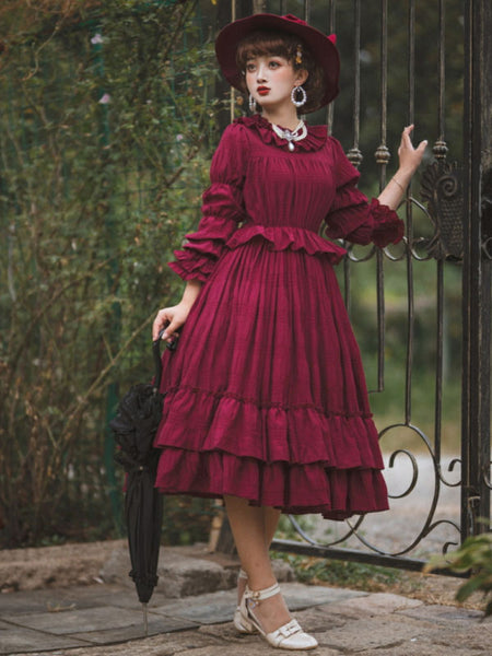 Customized Sweet Lolita Vintage Long Dress Bows Pink Ruffles Floral Print Short Sleeves Lolita One Piece Dresses
