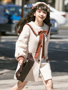 Ecru White Lolita Coats Ruffles Bows Polyester Bow Color Block Fall Lolita Outwears