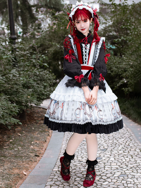 Girl's Black Red Gothic Lolita JSK Dress Animal Print Bows Sleeveless Lolita Jumper Skirts