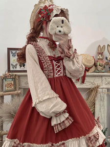 Girl's Sweet Burgundy Lolita OP Dress Bows Ruffles Long Sleeve Polyester One Piece Lolita Dresses