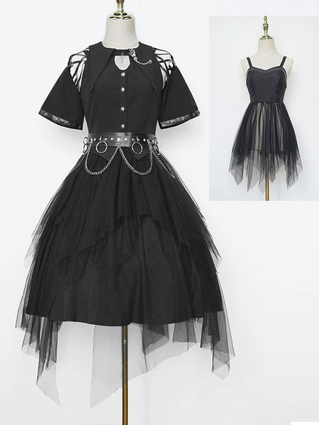 Gothic Lolita 3-Piece Set Black Short Sleeves Overcoat Jumper Skirt Outfits