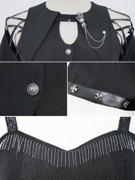 Gothic Lolita 3-Piece Set Black Short Sleeves Overcoat Jumper Skirt Outfits