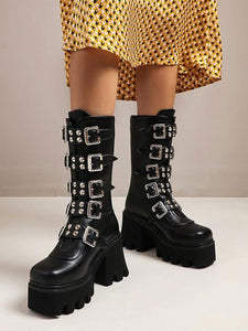 Gothic Lolita Ankle Boots Black Rivets Grommets Metallic Round Toe PU Leather Lolita Footwear