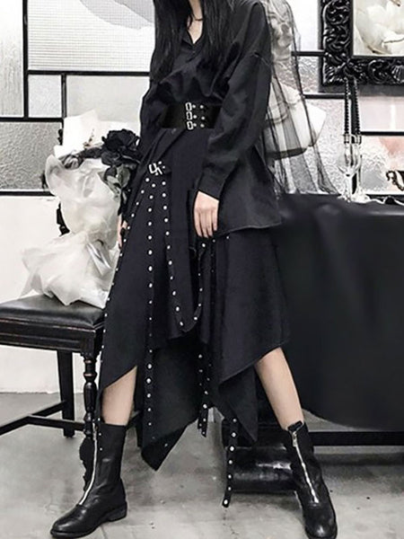 Gothic Lolita Blouses Black Long Sleeves Grommets Metallic Lolita Shirt