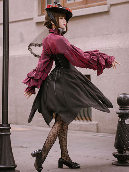 Gothic Lolita Blouses Burgundy Long Sleeves Bows Ruffles Polyester Lolita Shirt