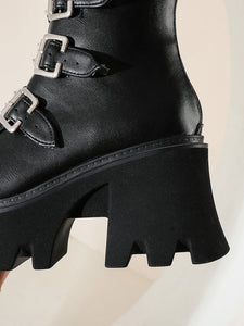 Gothic Lolita Boots Black Grommets Metallic Round Toe PU Leather Mid-Calf Lolita Footwear