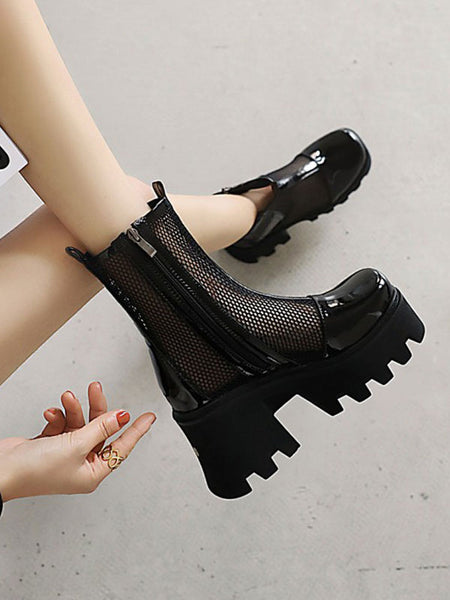 Gothic Lolita Boots Black Round Toe PU Leather Booties Daily Casual Lolita Footwear