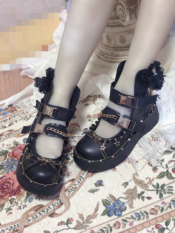 Gothic Lolita Boots Fringe Closed Toe Flat Heel Faux Leather Chains Black Lolita Boots