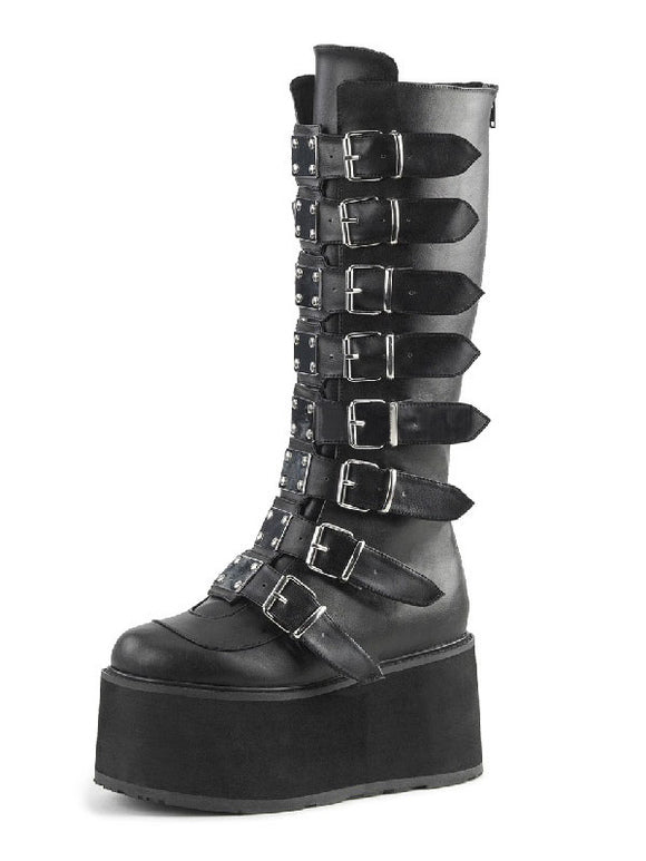 Gothic Lolita Boots PU Leather Metallic Grommets Round Toe Knee High Black Lolita Footwear