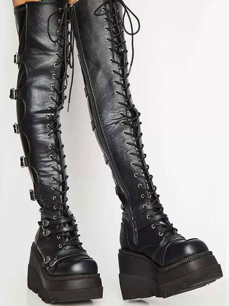 Gothic Lolita Boots PU Leather Metallic Grommets Lace Up Round Toe Black Knee High Lolita Footwear