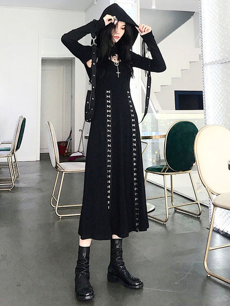 Gothic Lolita Cardigan Black Polyester Metallic Pattern Long Sleeves Hooded Overcoat