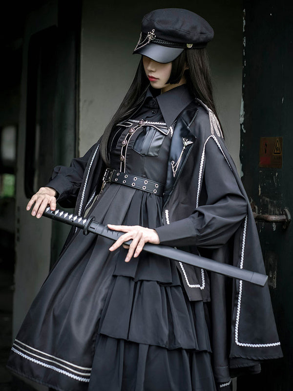 Gothic Lolita Dress OP Military Style 4 Pieces Set Ruffle Cloak Dress Shirt Hat Gothic Lolita Set