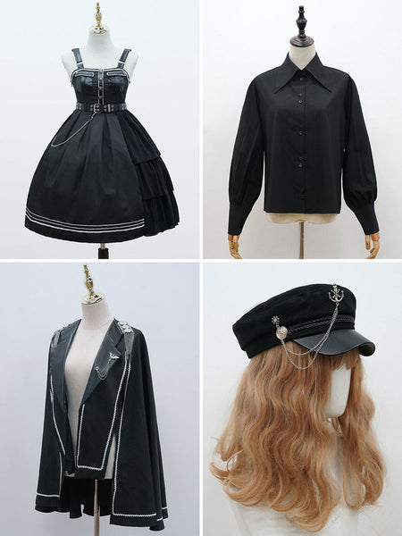 Gothic Lolita Dress OP Military Style 4 Pieces Set Ruffle Cloak Dress Shirt Hat Gothic Lolita Set