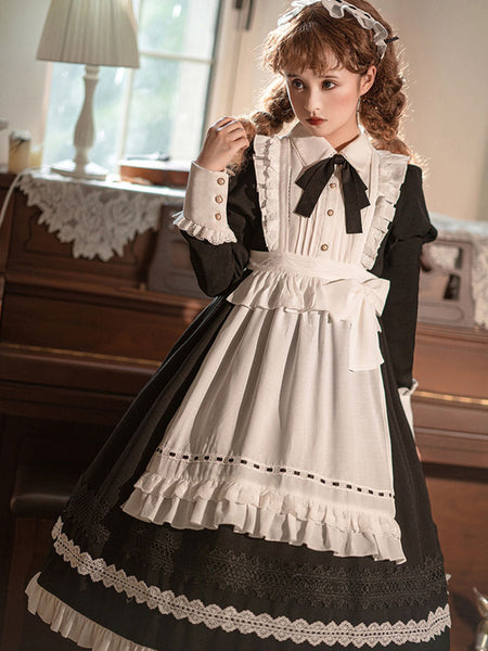Gothic Lolita Dress Ruffles Bows Long Sleeves Polyester Maid Dress Black Lolita Dress Apron 2-Piece Set