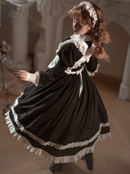 Gothic Lolita Dress Ruffles Bows Long Sleeves Polyester Maid Dress Black Lolita Dress Apron 2-Piece Set