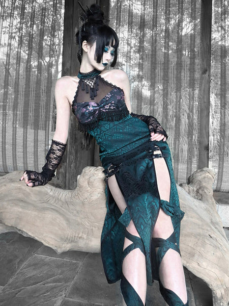 Gothic Lolita Dresses Fringe Lace Color ;Floral Print Dark Green