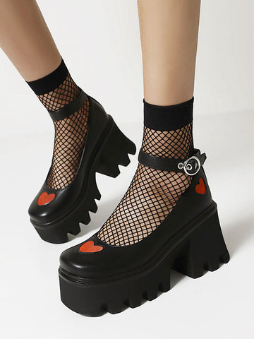 Gothic Lolita Footwear Black Heart Pattern Round Toe PU Leather Lace Up Lolita Pumps