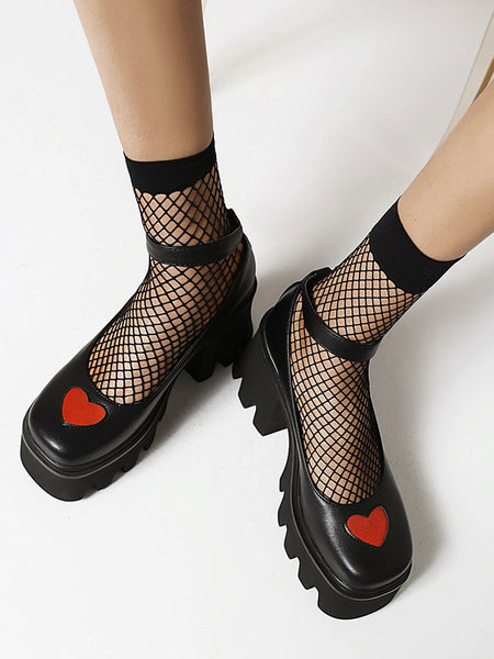 Gothic Lolita Footwear Black Heart Pattern Round Toe PU Leather Lace Up Lolita Pumps