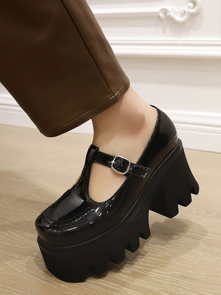 Gothic Lolita Footwear Black PU Leather Round Toe Lolita Pumps