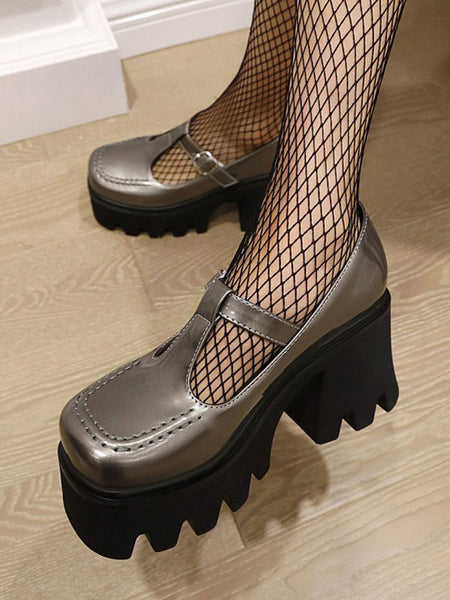 Gothic Lolita Footwear Black PU Leather Round Toe Lolita Pumps