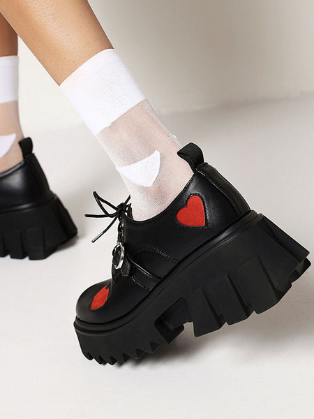 Gothic Lolita Footwear Black Round Toe PU Leather Heart Pattern Lolita Pumps