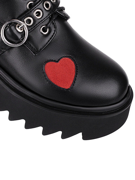 Gothic Lolita Footwear Black Round Toe PU Leather Heart Pattern Lolita Pumps