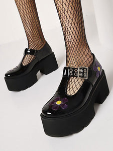 Gothic Lolita Footwear Purple Round Toe Chunky Heel PU Leather Lolita Pumps